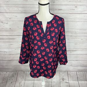 41 Hawthorn Ivy Split Neck Blouse Size Small Blue Pink Floral Roll Tab